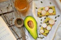 Healthy breakfast with avocado and chickpea pesto with tea Royalty Free Stock Photo