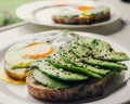 healthy breakfast with avocado and Delicious wholewheat toast. sliced avocado on toast bread with egg. Mexican cuisine