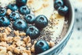 Healthy breakfast berry smoothie bowl topped with banana, granola, Blueberries and chia seeds with copy space Royalty Free Stock Photo