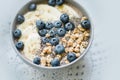 Healthy breakfast berry smoothie bowl topped with banana, granola, Blueberries and chia seeds with copy space Royalty Free Stock Photo