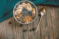 Healthy breakfast berry smoothie bowl topped with banana, granola, Blueberries and chia seeds with copy space Royalty Free Stock Photo