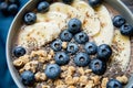 Healthy breakfast berry smoothie bowl topped with banana, granola, Blueberries and chia seeds with copy space Royalty Free Stock Photo