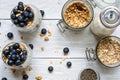 Healthy breakfast with blueberry yogurt dessert, granola, chia seeds, oats and milk