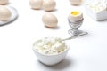 Healthy breakfast, boiled eggs and cottage cheese.Concept of nutritious food with calcium and protein Royalty Free Stock Photo