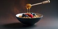 Healthy Breakfast Bowl with Berries and Honey on Dark Background Royalty Free Stock Photo