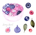 Blueberry smoothie with banana watercolor Royalty Free Stock Photo