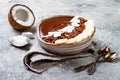 Healthy breakfast bowl. Chocolate banana smoothie bowl with coconut flakes, granola, banana slices