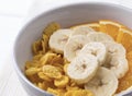 Healthy breakfast - bowl of corn flakes and fruit Royalty Free Stock Photo
