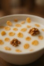 Healthy Breakfast Bowl: Corn Flakes with Milk and Walnuts AI-GENERATED Royalty Free Stock Photo