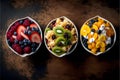 Healthy breakfast bowl with fresh fruit and berries on rustic background