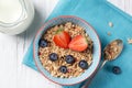 Healthy breakfast, bowl with granola muesli with strawberry and blueberry and milk jug, wooden background, top view Royalty Free Stock Photo