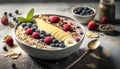 Healthy breakfast bowl with granola, yogurt, berries and nuts on dark background