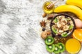 Healthy breakfast with bowl of homemade oatmeal, fruits and juice Royalty Free Stock Photo