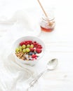 Healthy breakfast. Bowl of oat granola with yogurt Royalty Free Stock Photo