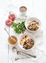 Healthy breakfast. Bowl of oat granola with yogurt Royalty Free Stock Photo