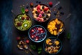 Healthy breakfast bowl with oatmeal, berries and fruits on black background