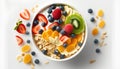 Healthy breakfast bowl with oatmeal, berries and fruits on white background