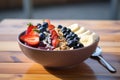 Healthy breakfast bowl with oatmeal, blueberries, strawberries and banana, A delicious, colorful acai bowl on a warm sunny day, AI