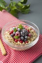 Healthy breakfast in a bowl with oatmeals, frozen berries, fresh strawberries, mint. Oat porridge with fruits Royalty Free Stock Photo