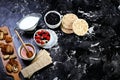 A healthy breakfast bowl. Whole grain cereal with fresh blueberries and raspberries on rustic background. Top view, Copy space Royalty Free Stock Photo