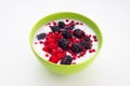 Healthy breakfast in a bowl with yogurt milk fresh fruits strawberries, raspberries, blackberries, seeds and muesli Royalty Free Stock Photo