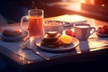 Healthy breakfast with a bun, toasts, juice, berries and coffee. Pastries, desserts, food concept Royalty Free Stock Photo