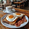 Healthy breakfast with a buttered toast , fried eggs and crispy bacon. Cup of coffee to drink