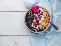 Healthy breakfast. Cereal biscuits, cornflakes, yogurt and fresh berries