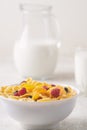 Granola with milk, fresh raspberries, blueberries . milk Royalty Free Stock Photo