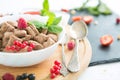 Healthy breakfast cereal with fruit on the summer table with a white tablecloth Healthy tasty breakfast chocolate square Royalty Free Stock Photo