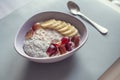 Healthy breakfast: cereal, grapes, banana Royalty Free Stock Photo