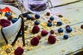 Healthy breakfast, cereal with yoghurt, strawberries, blueberries, raspberries and muesli on wooden rustic background Royalty Free Stock Photo