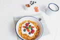 Healthy breakfast with cereals and berries in an enamel bowl Royalty Free Stock Photo