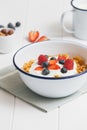 Healthy breakfast with cereals and berries in an enamel bowl Royalty Free Stock Photo