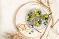 Healthy breakfast chia pudding with kiwi, blueberries and coconut slices, three portions in glass jars on a white table.