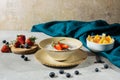 Healthy breakfast with chia seeds bowl and ripe fruits on table Royalty Free Stock Photo