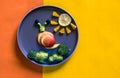 Healthy breakfast for children, creative ideas from fruit and vegetables, vitamins on plate, copy space Royalty Free Stock Photo