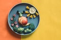 Healthy breakfast for children, creative ideas from fruit and vegetables, vitamins on plate, copy space Royalty Free Stock Photo