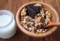 Healthy breakfast - chocolate muesli in wooden bowl with fresh milk. Spain