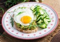Christmas brunch. Avocado sandwich with fried egg and cucumber