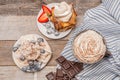 Healthy breakfast. Coffee and delicious pancakes, with fresh berries on wooden table Royalty Free Stock Photo