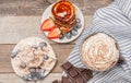 Healthy breakfast. Coffee and delicious pancakes, with fresh berries on wooden table Royalty Free Stock Photo