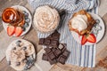 Healthy breakfast. Coffee and delicious pancakes, with fresh berries on wooden table Royalty Free Stock Photo