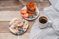Healthy breakfast. Coffee and delicious pancakes, with fresh berries on wooden table Royalty Free Stock Photo