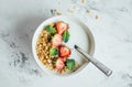 Healthy breakfast concept. Bowl with granola, yogurt and berries. Top view, flat lay Royalty Free Stock Photo