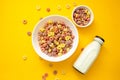 Healthy breakfast concept, Colorful ring cereals in large bowl and mini bowl with milk in bottle Royalty Free Stock Photo