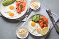 Healthy breakfast concept, fried eggs, avocado and smoked salmon