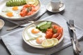 Healthy breakfast concept, fried eggs, avocado and smoked salmon