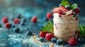 healthy breakfast concept jar of overnight oats topped with fresh fruits, with space for text or logo