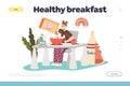 Healthy breakfast concept of landing page with little girl eating cereals with milk in morning